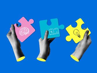 hands holding jigsaw pieces, one showing a brain, one showing a book and one showing a lightbulb